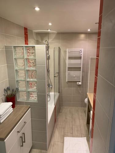 een badkamer met een douche, een toilet en een wastafel bij Loft Porte de Gentilly in Gentilly