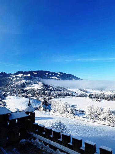 a view of a snow covered field with a house at Hôtel de Ville in Gruyères