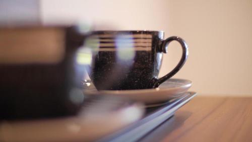 una taza de café sentada en un plato sobre una mesa en Mango the Hotel, en Haggs