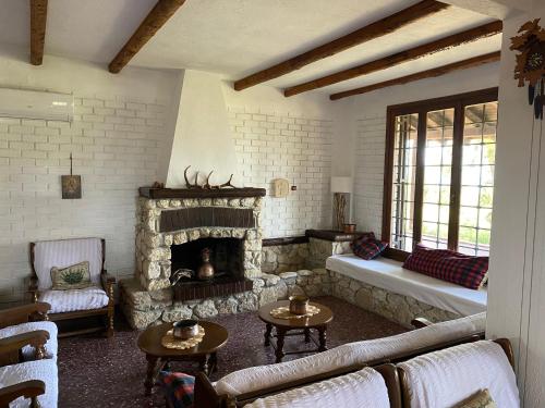 salon z kanapą i kominkiem w obiekcie Wild Oaks Cottage w mieście Kriopigi