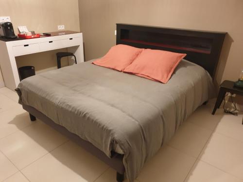 Schlafzimmer mit einem Bett mit orangefarbenem Kissen und einem Schreibtisch in der Unterkunft Albizia bis in Pintheville