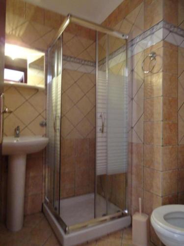 una doccia con porta in vetro accanto a servizi igienici di Blue Sky Villas a Skala Potamias
