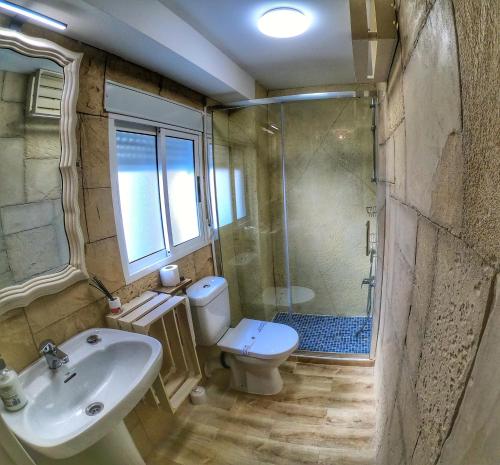 a bathroom with a shower and a toilet and a sink at Casa Quinito in Cazorla