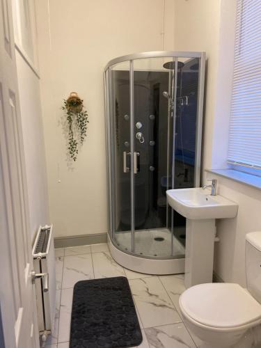 ein Bad mit einer Dusche, einem WC und einem Waschbecken in der Unterkunft Newcastle Apartment 3 - Free Parking in Old Walker