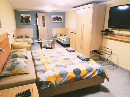 a room with a bed and a flat screen tv at Pokoje Gościnne Biały Słoń in Rumia