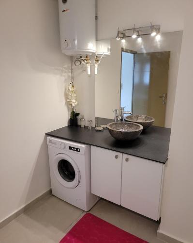 a bathroom with a sink and a washing machine at Hello Guyane (2), Suite Luxury, 5 étoiles in Cayenne