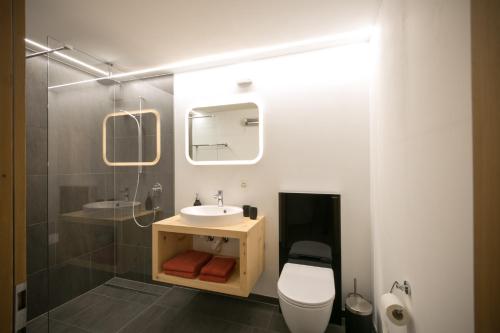 a bathroom with a white toilet and a sink at Chasa Allegra Müstair in Müstair