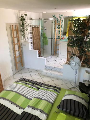 - un salon avec un tapis vert et noir dans l'établissement Villa du sud ouest, à Béziers