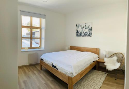 a bedroom with a bed and a desk and a window at Residence Kotel in Rokytnice nad Jizerou