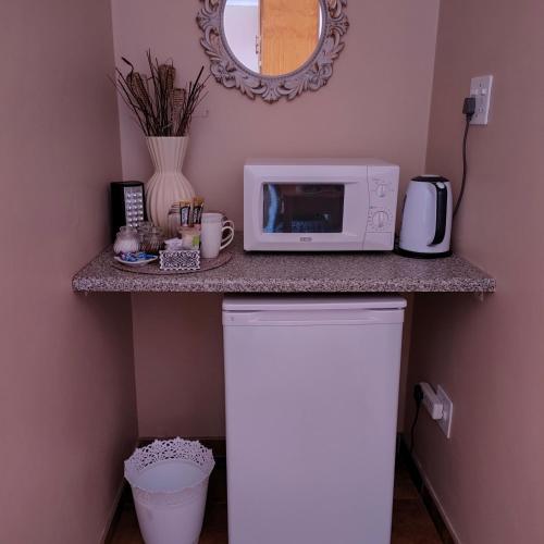 a counter with a microwave on top of a refrigerator at Acacia Gastehuis in Kathu