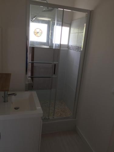 une douche avec une porte vitrée à côté d'un lavabo dans l'établissement Studio 2 bien agencé et tout équipé, à Lorient