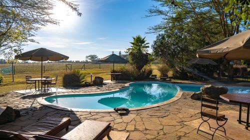 a swimming pool with a table and an umbrella at Black Wattle House in Nakuru
