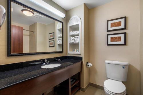 a bathroom with a sink and a toilet and a mirror at Comfort Suites Marshall in Marshall