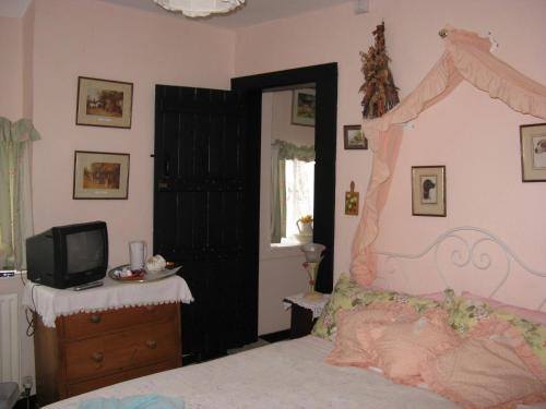 a bedroom with a pink bed and a tv at East Farm House B&B in Abbotsbury