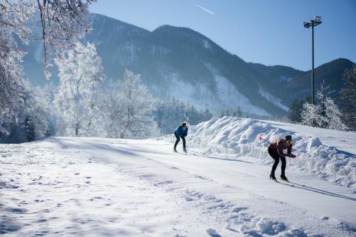 two people cross country skiing down a snow covered road at Lakeside Petzen Glamping in Unterlibitsch
