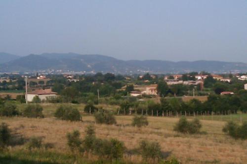 コルトーナにあるMontecchio di Cortonaの家並木の畑の町