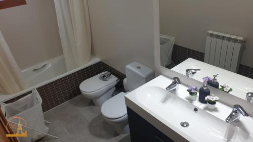 a bathroom with a sink and a toilet and a mirror at EL CAPRICHO DEL BURGO in El Burgo de Osma