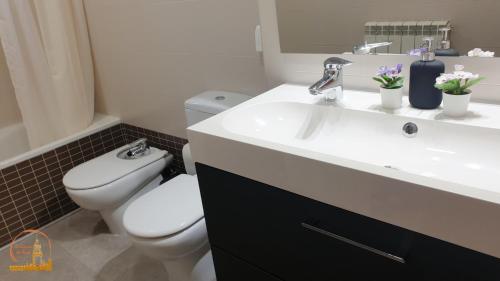 a bathroom with a white toilet and a sink at EL CAPRICHO DEL BURGO in El Burgo de Osma