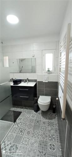 une salle de bain avec toilettes et lavabo dans l'établissement le Globe Trotter - Aux Portes d'Alès, à Saint Julien Les Rosiers