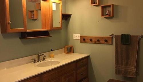 a bathroom with a sink and a mirror at The Lodge - Chestnut Log Cabin & Game Room in Genoa