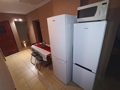 a white refrigerator with a microwave on top of it at U Eli I Tomka in Krzyżowa