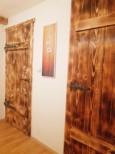 a wooden door in a room next to a wall at RIVER KOLPA APARTMENT, Griblje ob reki Kolpi in Gradac