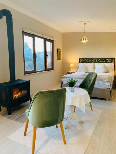 a bedroom with a bed and a fire place at Beyaz Ev Agva - Adult only +15 in Ağva