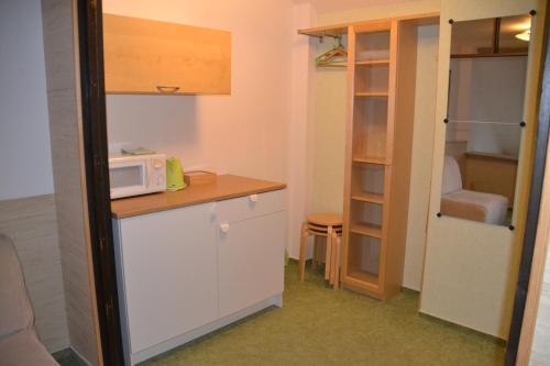 a small kitchen with a microwave on a counter at Pension U akátu in Prague