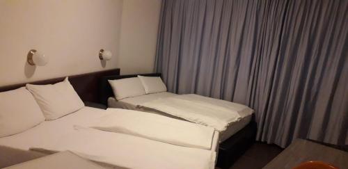 a hotel room with two beds and a window at Hotel Berliner Hof in Düsseldorf