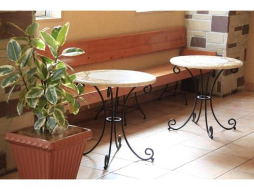 two tables in front of a bench with a potted plant at R&B Hotel Kumagaya Ekimae - Vacation STAY 40480v in Kumagaya