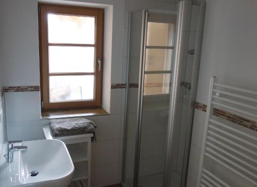 a bathroom with a sink and a glass shower at Appartement - Ferienwohnung - FeWo Obernkammer in Emmering
