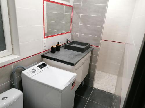 a small bathroom with a sink and a toilet at Charmant appartement T2 dans villa avec en supplément spa extérieur de mai à septembre in Laveyron