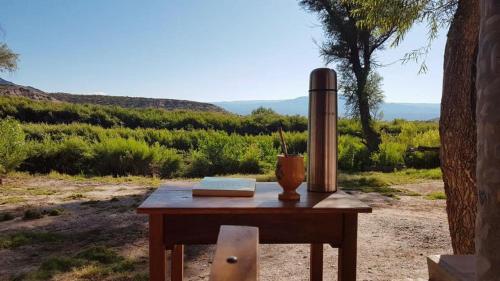 een tafel met een boek en een vaas erop bij Matices de Molinos Hostal in Molinos