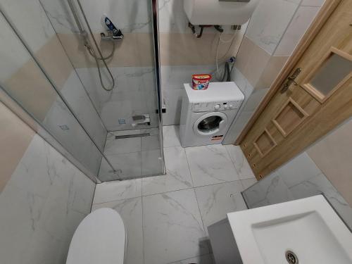 a bathroom with a shower and a toilet and a sink at Spalona Apartament Jagodna in Bystrzyca Kłodzka