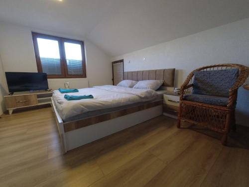 布雷佐維采的住宿－Mountain House - Brezovica，一间卧室配有一张床、一把椅子和电视