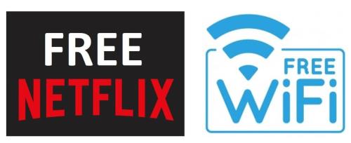two signs with the free netflix logo and a free wifi sign at Myers CBD in Bendigo
