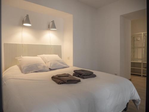 uma cama branca com duas toalhas em cima em L'ORANGERAIE Appartement design en plein centre em Castres