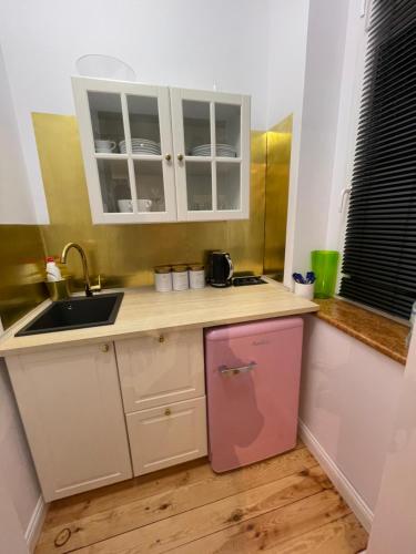 a kitchen with a sink and a pink dishwasher at Willa 1936 , Parking in Toruń