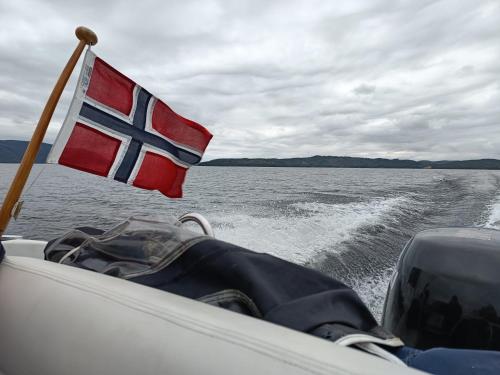 a flag on the back of a boat on the water at Mjøshytte in Stange