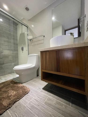 a bathroom with a toilet and a sink and a shower at INCREIBLE DEPARTAMENTO A PIE DE PLAYA EN MANZANILLO, COMPLETAMENTE NUEVO in Manzanillo