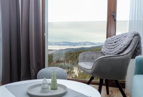 Zimmer mit einem Tisch, einem Stuhl und einem Fenster in der Unterkunft Vila Planinsko Blago in Kopaonik