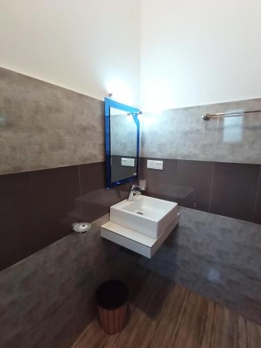 a bathroom with a white sink and a mirror at Three Elephant Holiday Inn in Sigiriya