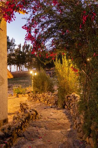 a stone path in a garden with a tree and flowers at Ecolodge Copacabana in Copacabana