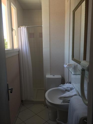a bathroom with a toilet and a sink and a mirror at Hôtel Saint Alban in Saint-Maur-des-Fossés