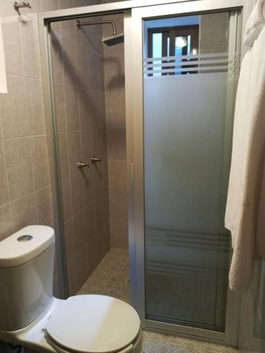 a bathroom with a toilet and a glass shower at Hotel Suites La Fortuna in Mazamitla