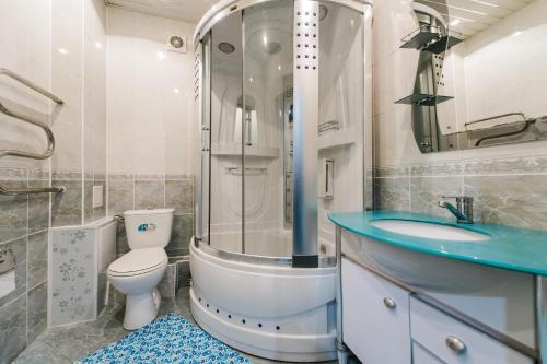 a bathroom with a shower and a toilet and a sink at Dekabrist Apartment on Chkalova 25 in Chita