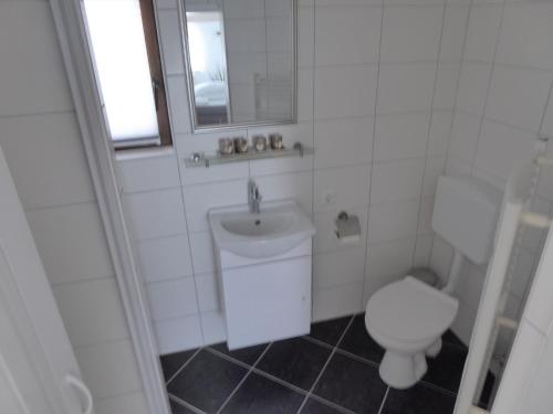 a white bathroom with a toilet and a sink at Ambiente Ferienapartments Julienhöhe in Niederdorf