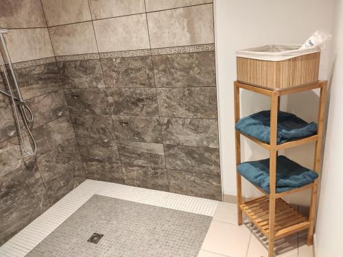 uma casa de banho com um chuveiro e 2 toalhas azuis em LE CHARME D OGNES em Ognes