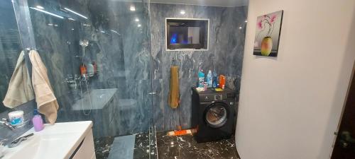 y baño con ducha y lavadora. en Linda, en Tiflis