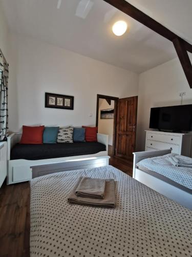 a living room with two beds and a tv at Apartmány Rožmberk in Rožmberk nad Vltavou